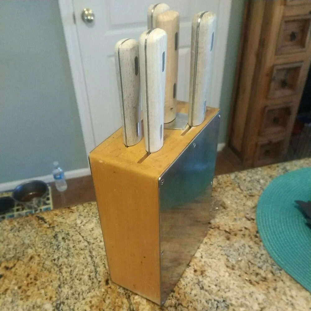 RARE IKEA 5 Wood Handle Knives 6 Piece Set Including Stainless Wood Block